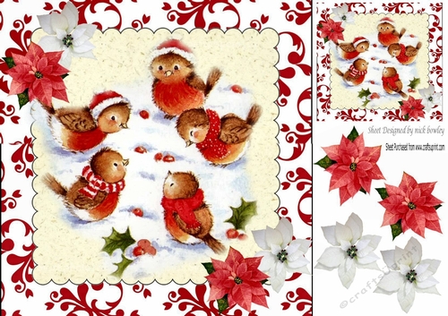 Sweet little robins in the snow wearing hats and scarves 8x8