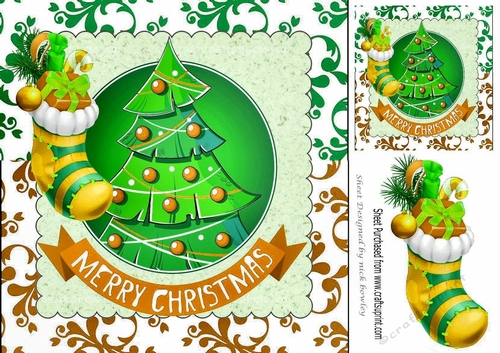 Lovely christmas tree with gold baubles and stocking 8x8