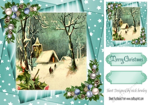 Lovely church scene in the snow with baubles 8x8