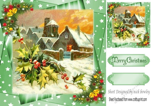 Village in the snow with holly  in star frame 8x8