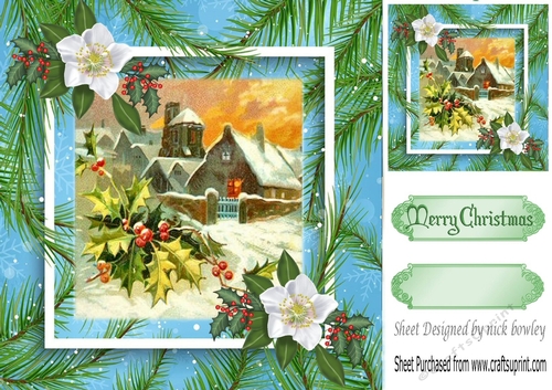 Village in the snow with holly & flowers  8x8