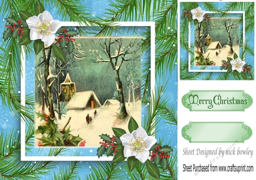 Lovely church scene in the snow with flowers 8x8