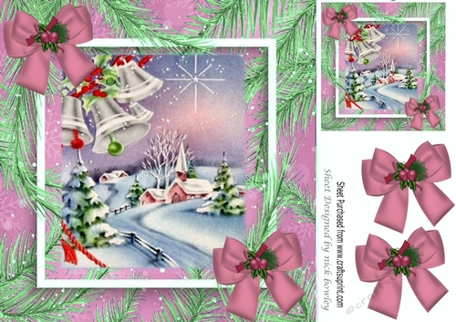 Pretty village with church in the snow with pink bows 8x8