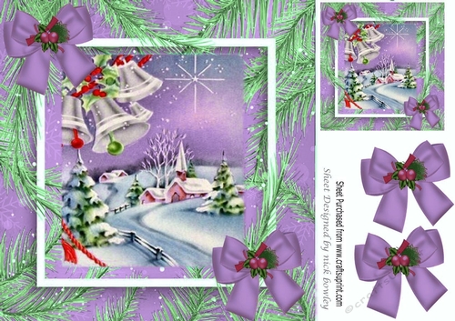 Pretty village with church in the snow with lilac bows 8x8