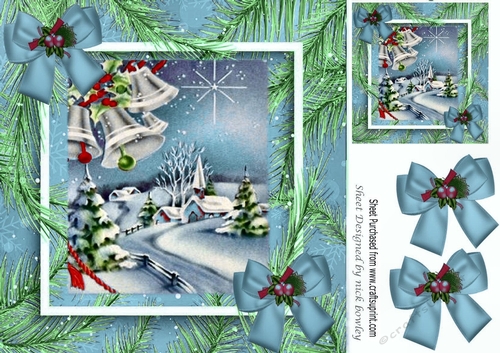 Pretty village with church in the snow with blue bows 8x8