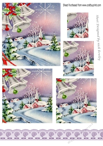 Lovely Christmas snow scene, pyramids with pink border