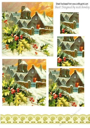 lovely cottages with snow and holly pyramids with border