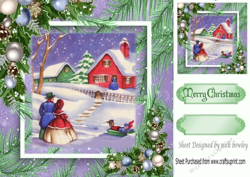 Pretty village with couple in the snow , festive scene 8x8