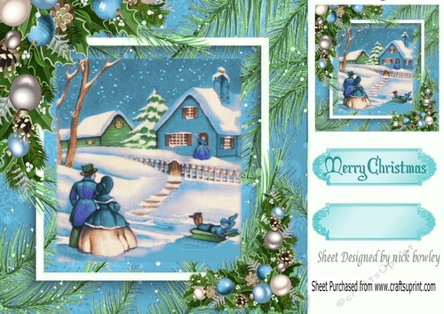 Pretty village with couple in the snow , festive scene (blue) 8x8