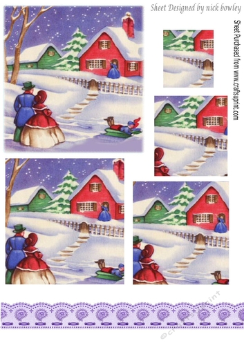 Lovely Christmas snow scene, pyramids with purple border and couple