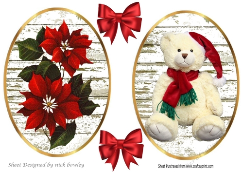 Two lovely toppers/card fronts of poinsettias and teddy