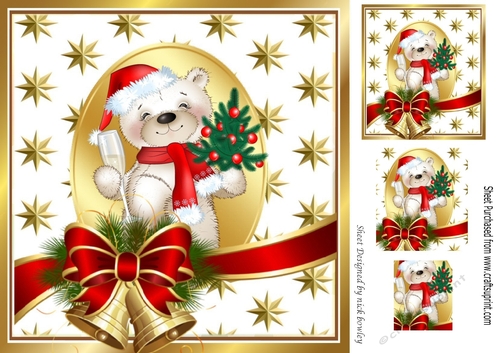 teddy with bow and bell and gold stars 8x8
