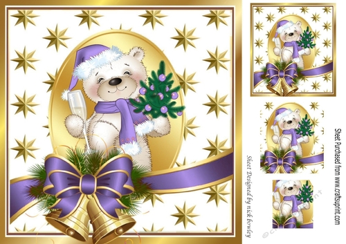 teddy with purple bow and bell and gold stars 8x8