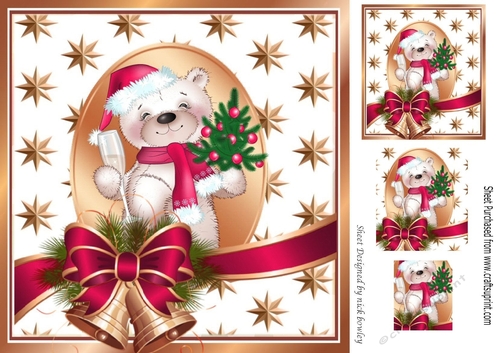 teddy with pink bow and bell and gold stars 8x8