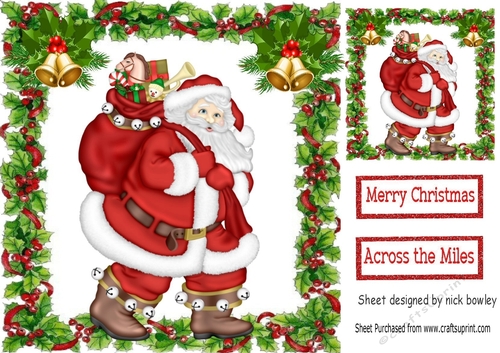 santa with sack of  presents in holly frame 8x8