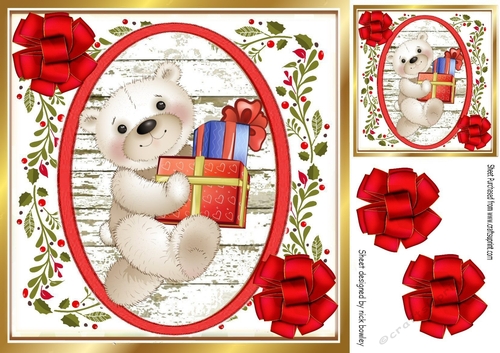 teddy with present and christmas ornate red bows 8x8