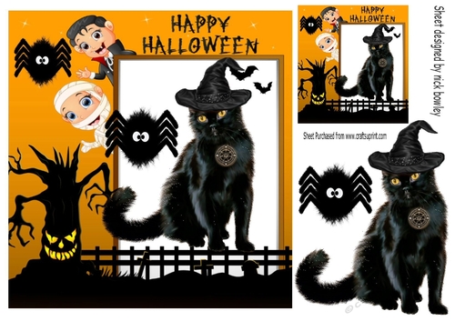 Black cat in witches hat in halloween frame