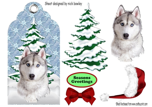Cute Husky with christmas tree on snow tag