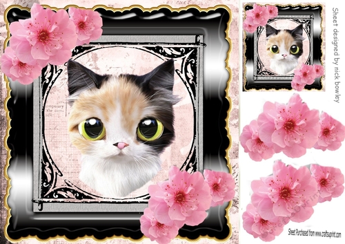 pretty kitten with pink flowers in ornate frame 8x8