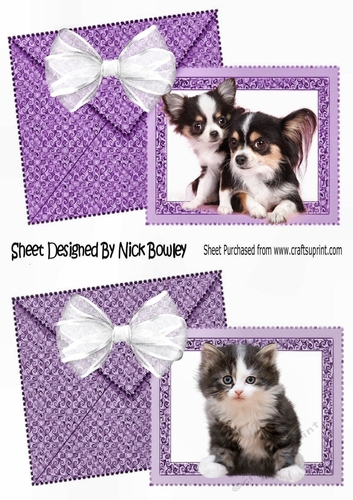 Two cute puppies and kitten  card fronts envelope effect (purple) A5