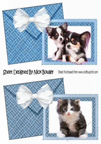 Two cute puppies and kitten  card fronts envelope effect (blue) A5