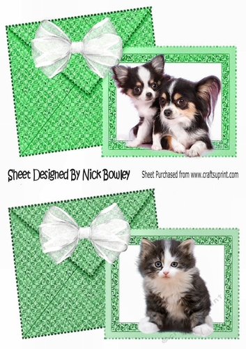 Two cute puppies and kitten  card fronts envelope effect (green) A5