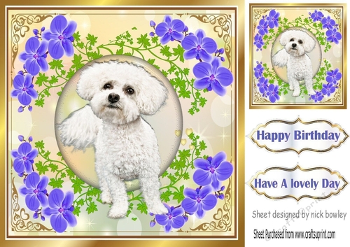 Cute little white puppy in gold ornate frame with purple flowers 8x8
