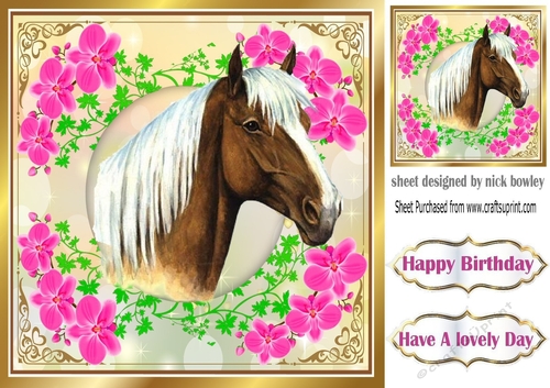 lovely palomino horse in gold ornate frame with pink flowers 8x8