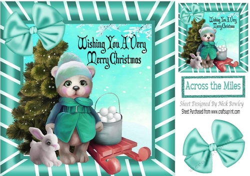 Cute teddy with christmas tree in the snow (turq) 8x8