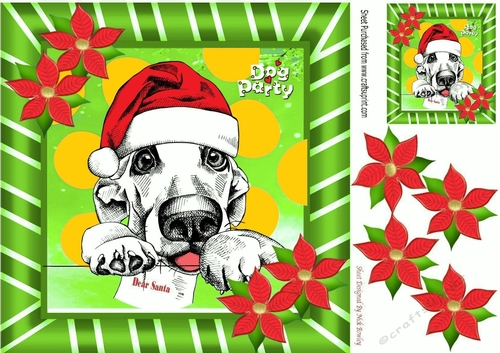 Dear Santa!! Dog in santa hat  partying (green) 8x8