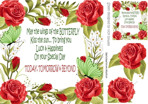 lovely frame adorned with red roses and butterflies  8x8