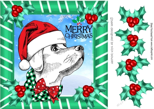 painted dog in santa hat with holly 8x8
