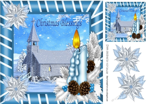 Pretty church in the snow with blue candles & poinsettias 8x8
