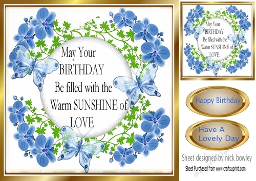lovely blue flowers and pretty blue butterflies 8x8