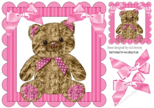 cute furry effect teddy bear with pink bows 8x8