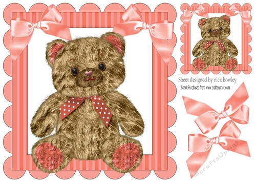 cute furry effect teddy bear with peach bows 8x8