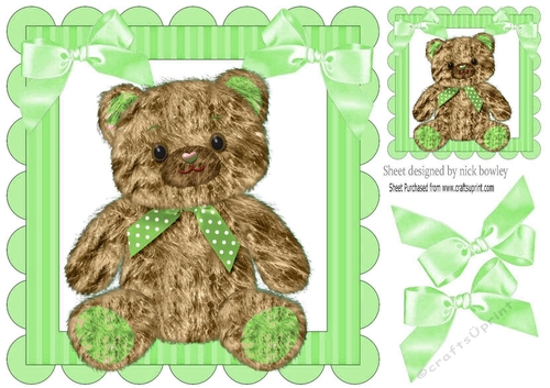 cute furry effect teddy bear with green bows 8x8
