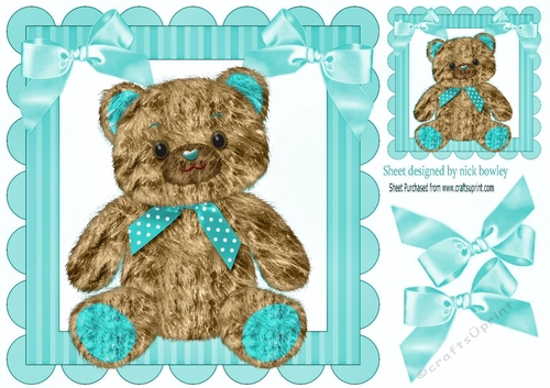 cute furry effect teddy bear with turq bows 8x8