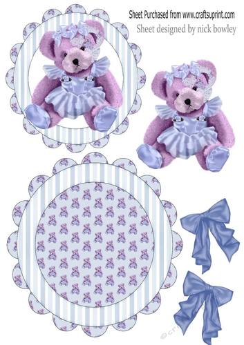 Pretty teddy in pink/blue with bows rocker card