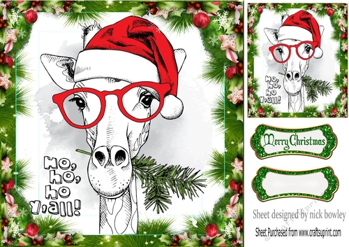 Sketch of a Giraffe in santa hat in festive frame 8x8