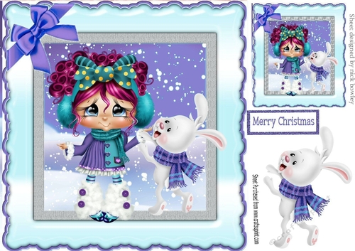 Cute little girl with bunny in the snow (purple) 8x8