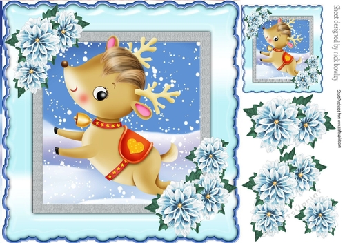 Cute little reindeer with corner blue flowers 8x8