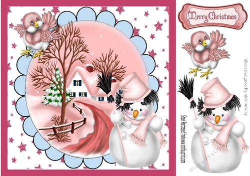 Lovely pink snow scene with little pink bird & snowman 8x8