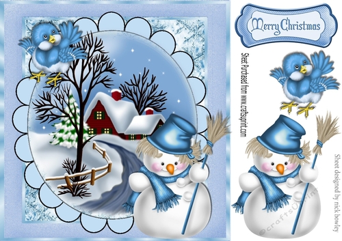 Lovely blue snow scene with little blue bird & snowman 8x8