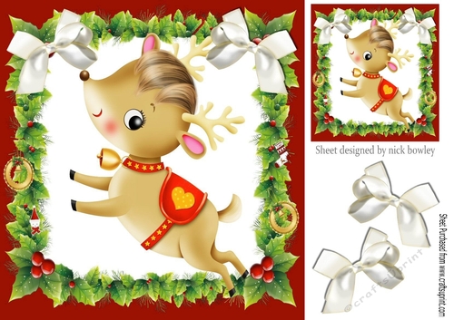 Cute little reindeer with white bows in festive frame 8x8