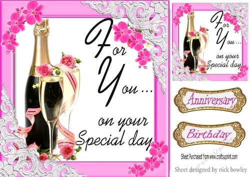 Birthday/Anniversary Champagne & pink flowers 8x8