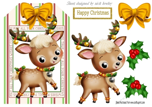 Lovely Christmas tag with cute reindeer and gold bow