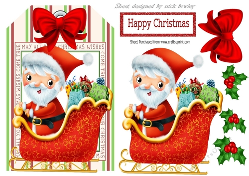 Lovely Christmas tag with  santa in his sleigh and red bow