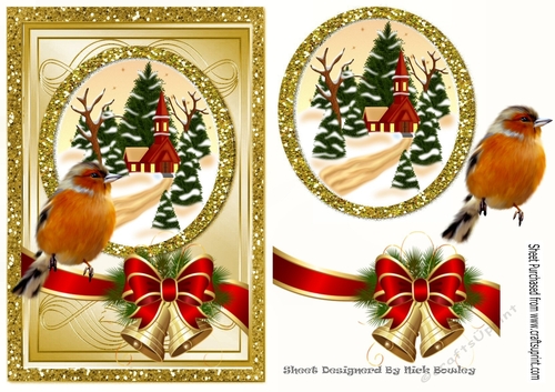 Lovely Snow Scene with church gold glitter & border bow with robin A5