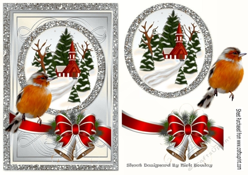 Lovely Snow Scene with church silver glitter & border bow with robin A5